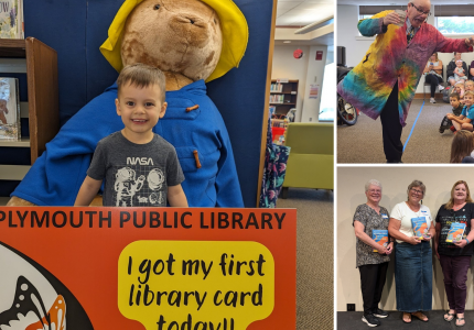 Images from library programs and child with first library card sign